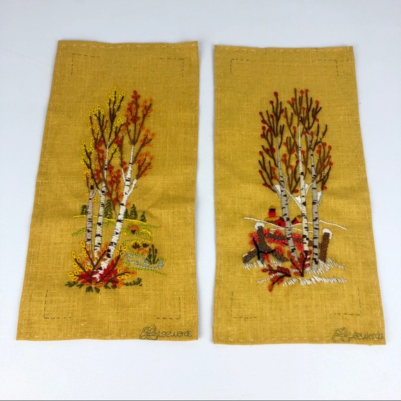 VINTAGE Finished Embroidery Fall Leaves Birch Tree